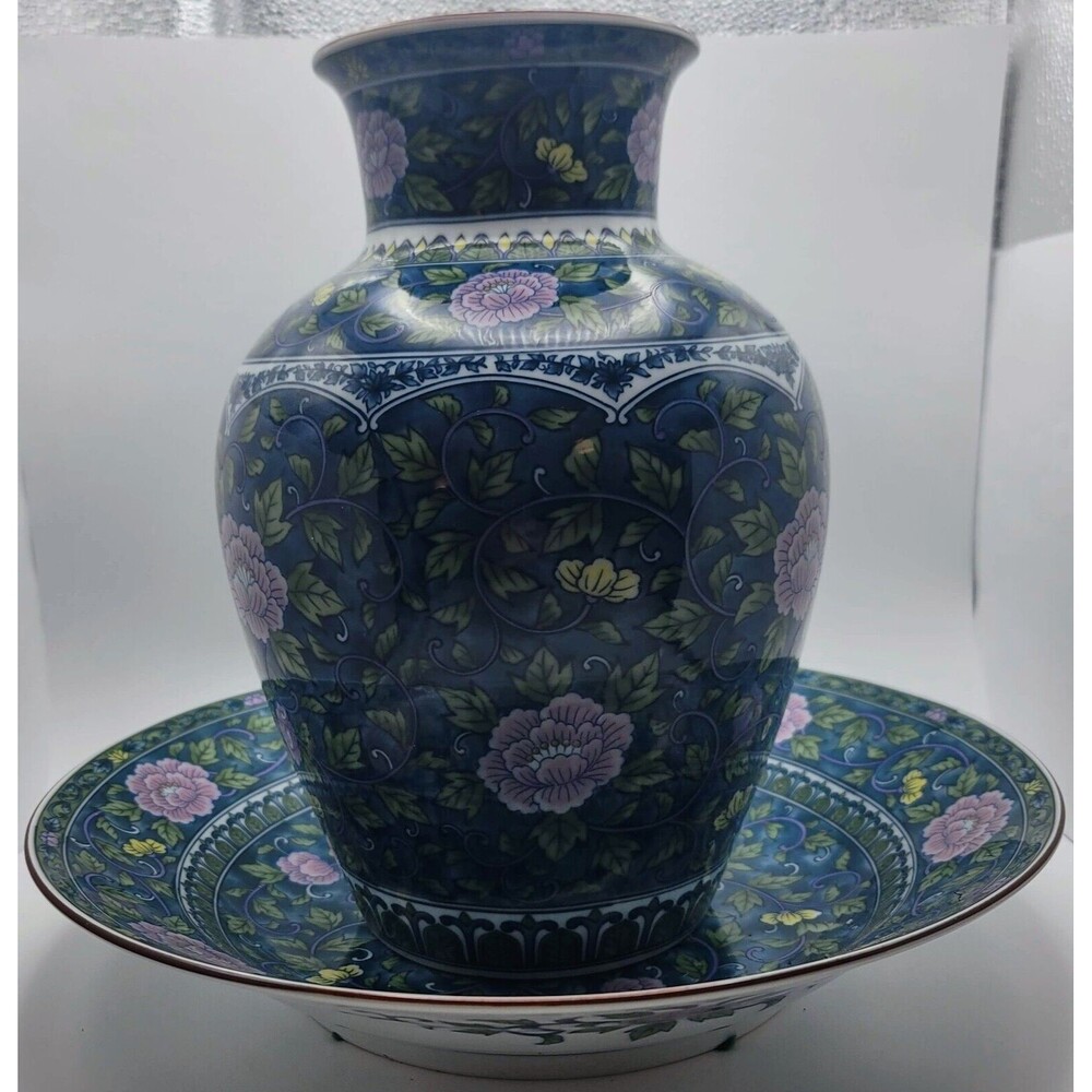 Vintage Andrea by Sadek Blue Pink Lotus Flower Chinese Porcelain Vase & Plate